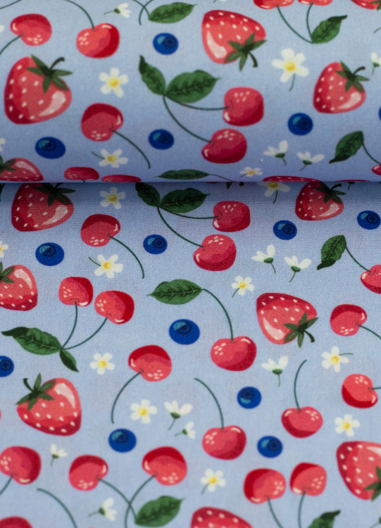 Baumwollstoff - Fruits - Erdbeeren - Kirschen - blau