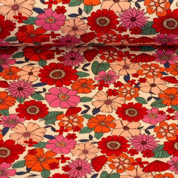 Preview: Jersey - Blümchen - helles apricot - rot