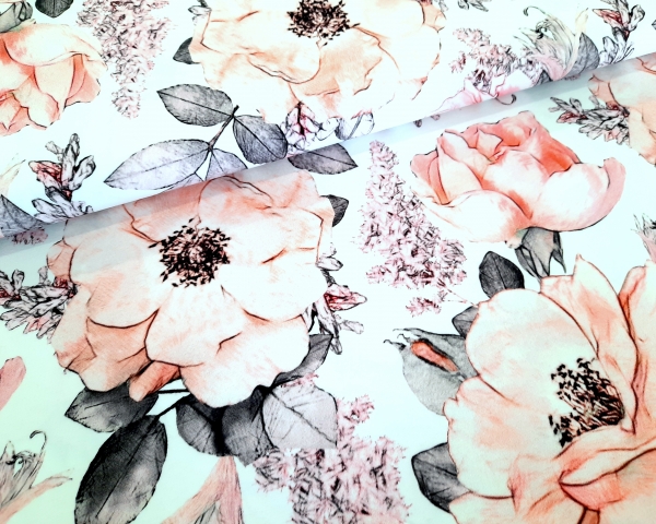 Jersey - grosse Rosen - weiss - apricot