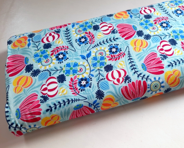 Jersey - Flora - Blumen - helltürkis - pink -gelb