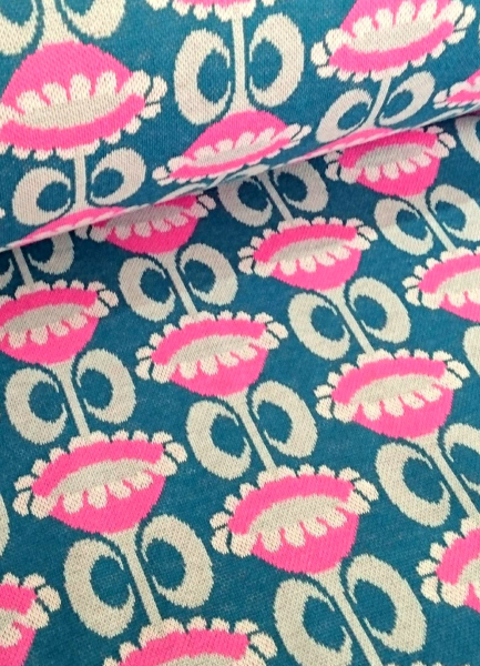 Bio Jacquard Jersey - Retroflower - Eigenproduktion - Wolke 7 - petrol - pink