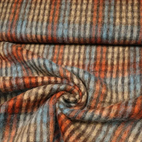 Preview: Alpaka-Wolle-Mix Mantelstoff Karo - braun/wollweiss/türkis/orange