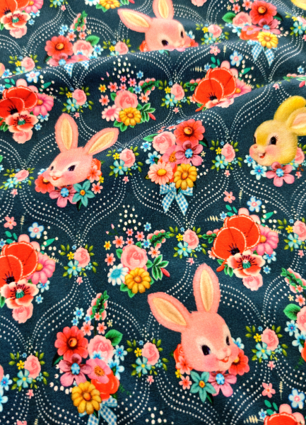 Jersey - Vintage Hasen - Blumen - dunkelblau