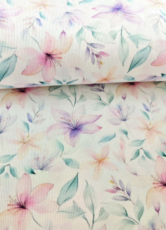 Rippjersey - zarte Blumen - weiss - bunt