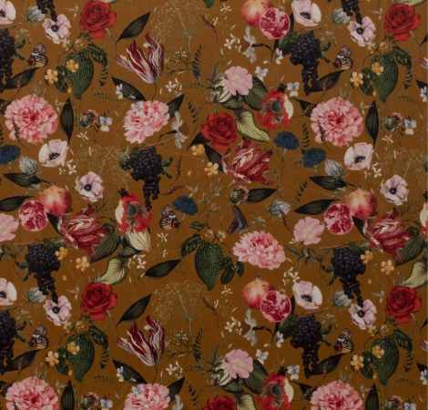 Dekostoff - Samtstoff - Blumen - ocker