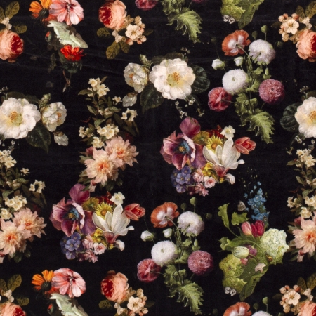 Dekostoff - Samtstoff - Blumen - schwarz