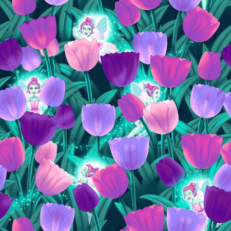 Baumwollstoff - Elfen- Blumen - lila - nachtleuchtend