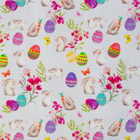Baumwollstoff - Happy Easter - Hasenwiese - hellgrau