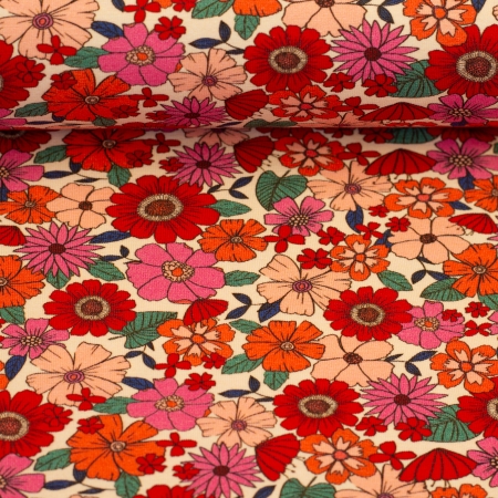 Jersey - Blümchen - helles apricot - rot