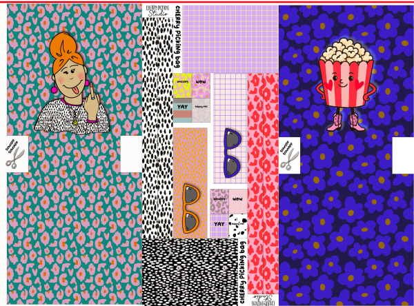 Cherry Picking Bags - Panel für 2 Taschenbeutel mit coolem Muster - Popcorn & Frau - Vorbestellung