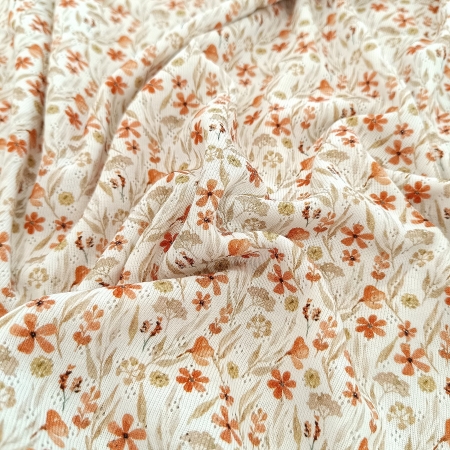 Lochstrickjersey - Alva - Blümchen - ocker