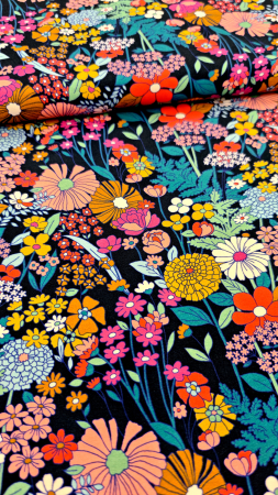 Jersey - bunte Blumen - dunkelblau