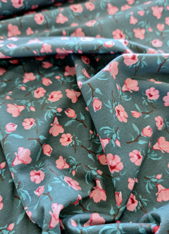 Jersey - Flowers - altgrün - rosa