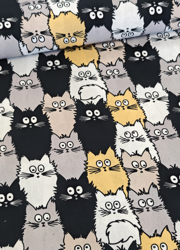 Baumwollstoff - Tim - Katzen - schwarz - grau - gelb