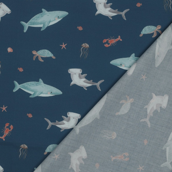 Baumwollstoff - Haie - blau - Popeline - Kinderstoff