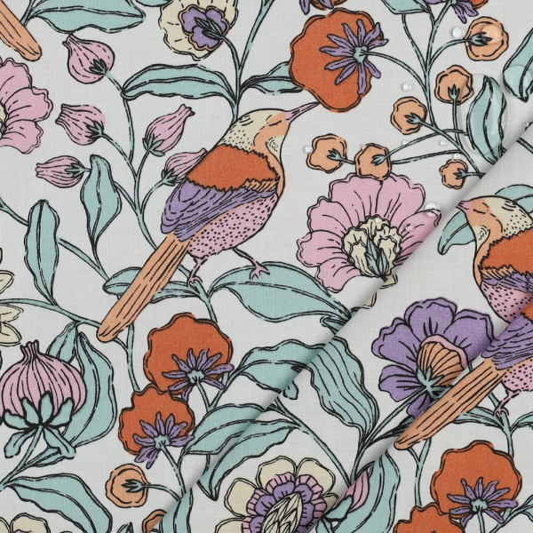 beschichteter Baumwollstoff - Blumen - weiss - Popeline