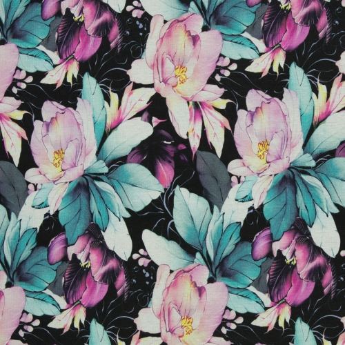 Alpenfleece - Blumen - schwarz - bunt
