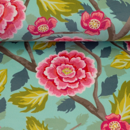 Dekostoff - Samtstoff - Boho Velvet - Blumen - mint - türkis