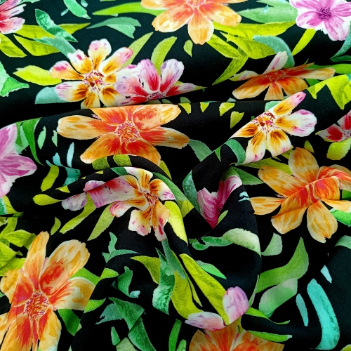 Viskose - Webware - Malis - Blumen - schwarz - bunt