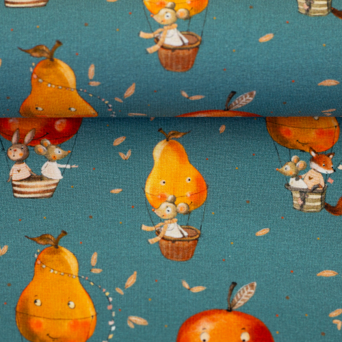 French Terry - little Fox & Friends - apple ballon - petrol