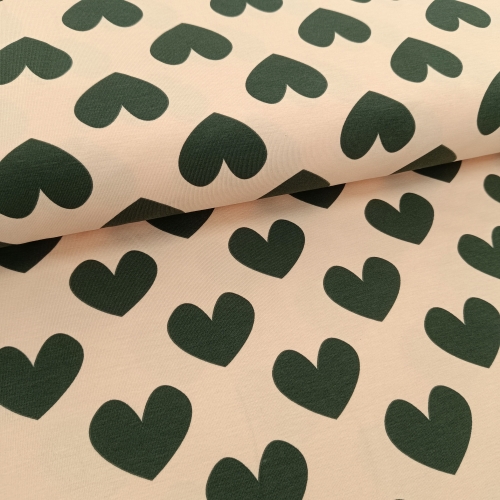 Jersey - Herzen - apricot - dunkelgrün