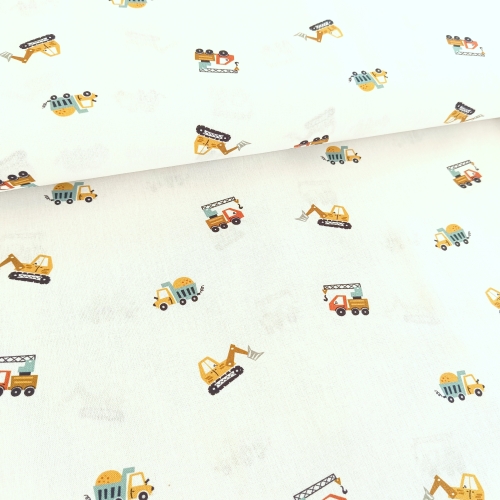 Baumwollstoff - weiss - Baustellenfahrzeuge